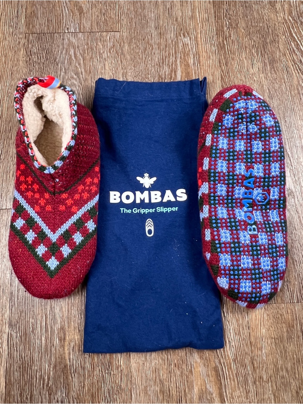 Bombas Gripper Slipper Fair Isle Knit Sherpa Lined w/ Storage Bag NWOT | Size: M